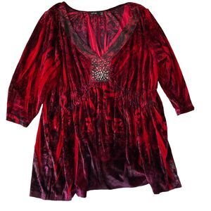 Apt.9 Velvet Baby Doll Embellished Tunic Shirt 2X Red Vampy Velour Y2K Grunge